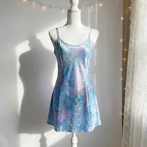 Y2k Blue Purple Paisley Satin Mini Slip Dress Medium Dreamy Whimsy Fairy Boho